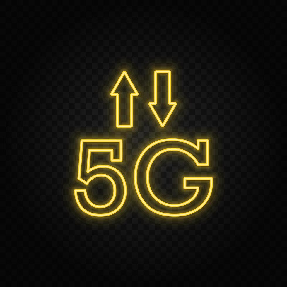 Yellow neon icon 5g, signal, arrows. Transparent background. Yellow neon vector icon on dark background