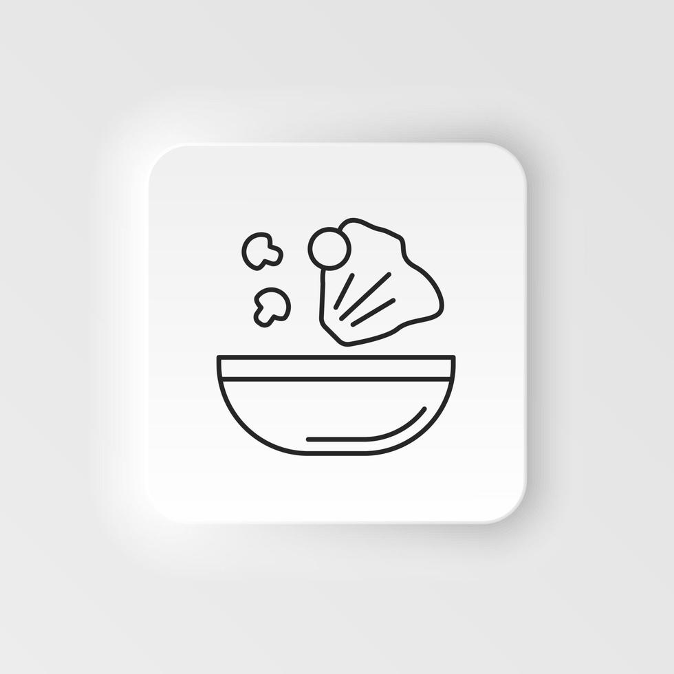 Neumorphic style food and drink vector icon. Food dish recipe, nutrition concept, salad ingredients, vector mono line icon on neumorphism white background