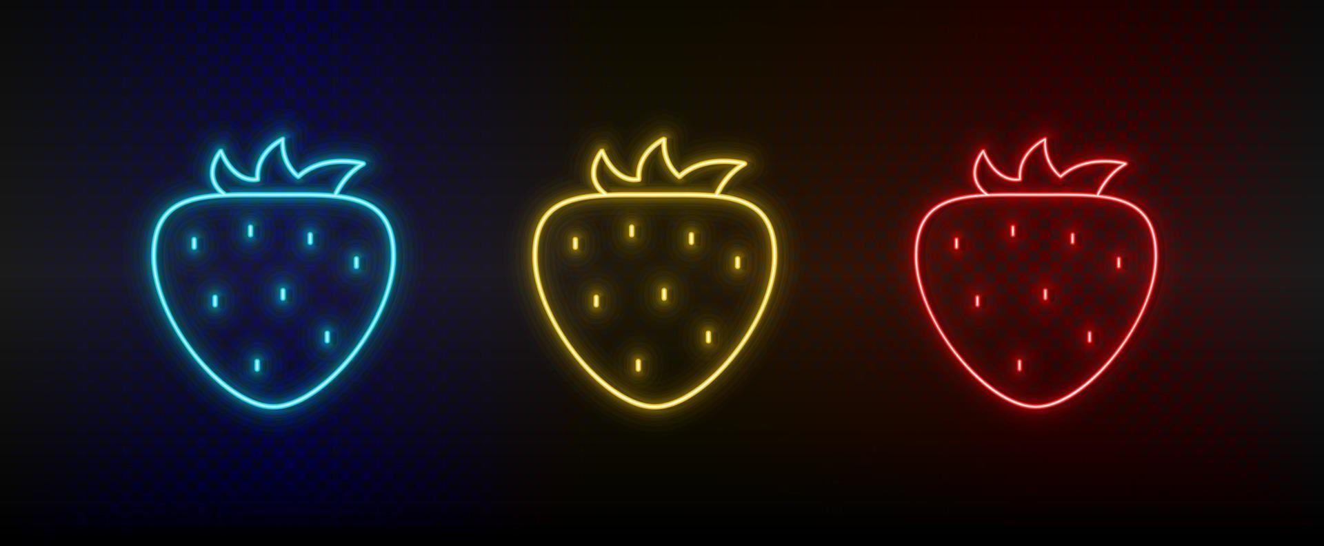 Neon icon set strawberry. Set of red, blue, yellow neon vector icon on dark background