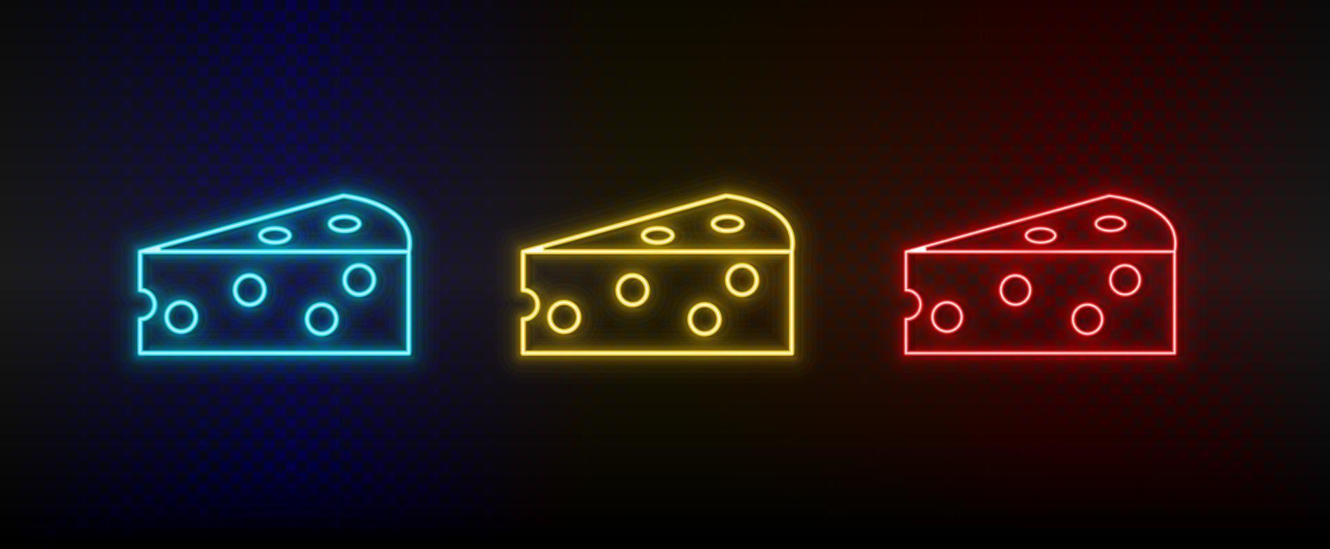 Neon icon set cheese piece. Set of red, blue, yellow neon vector icon on dark background