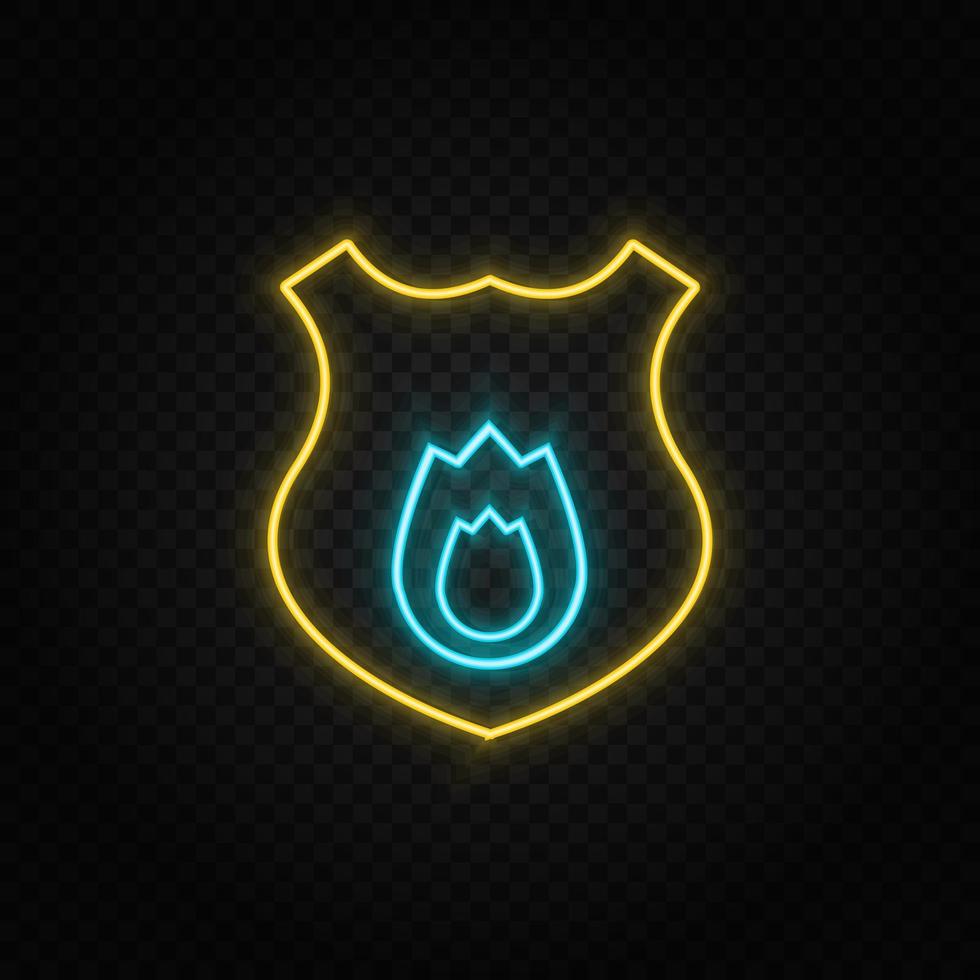 Fireguard shield. Blue and yellow neon vector icon. Transparent background.