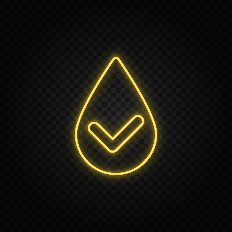 Yellow neon icon check, drop, select, water. Transparent background. Yellow neon vector icon on dark background