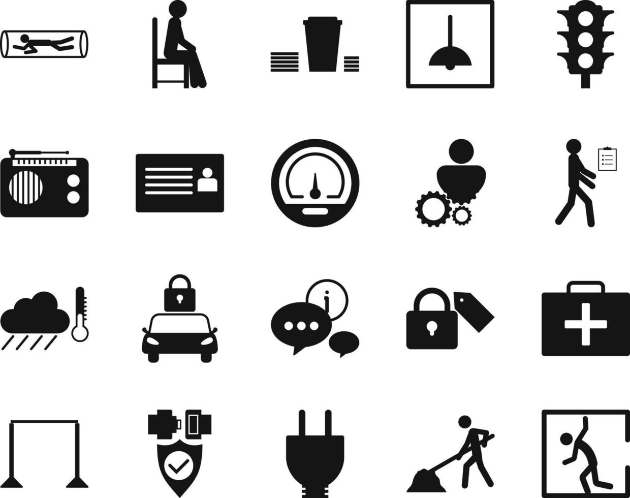 HSE concept, occupational safety and health claustrophobia, man, production factory and environment, labor preventive instructions, worker protection vector icon set on white background