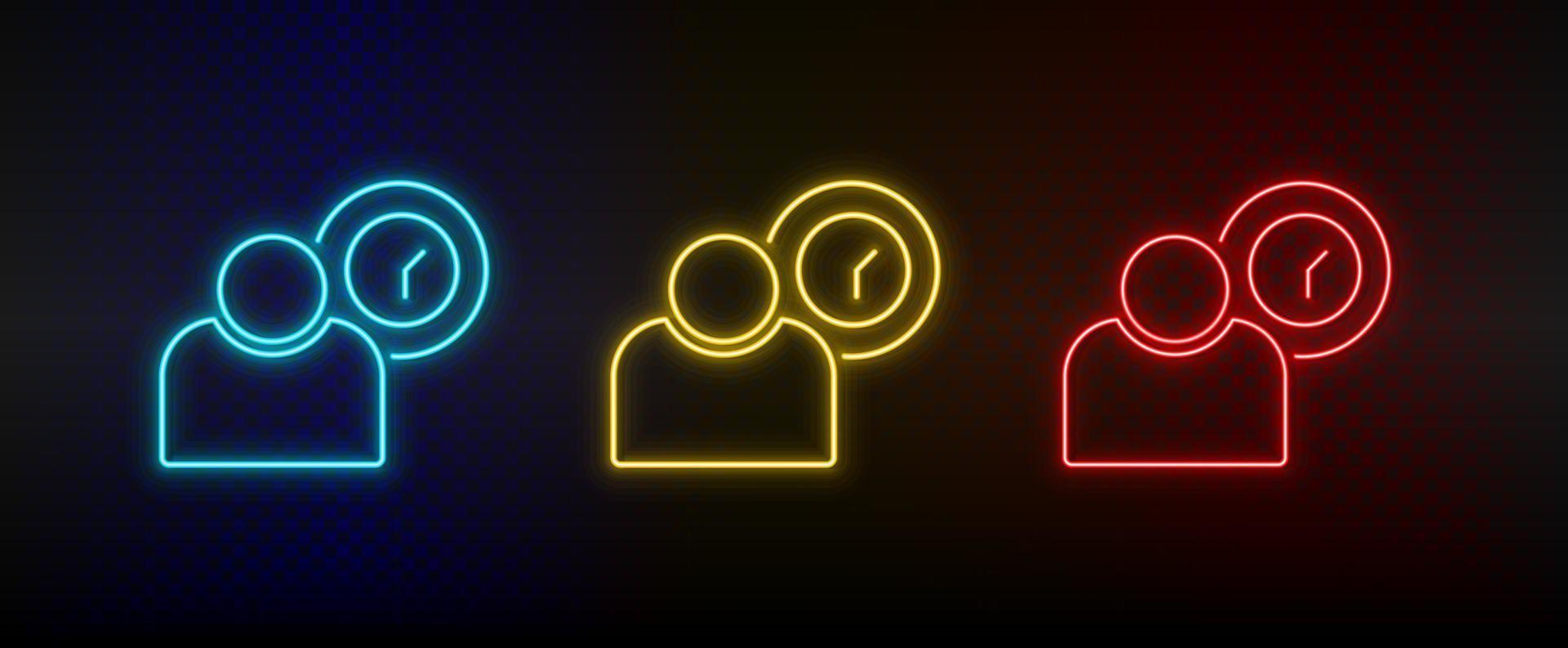 Neon icon set employee, user. Set of red, blue, yellow neon vector icon on dark transparent background