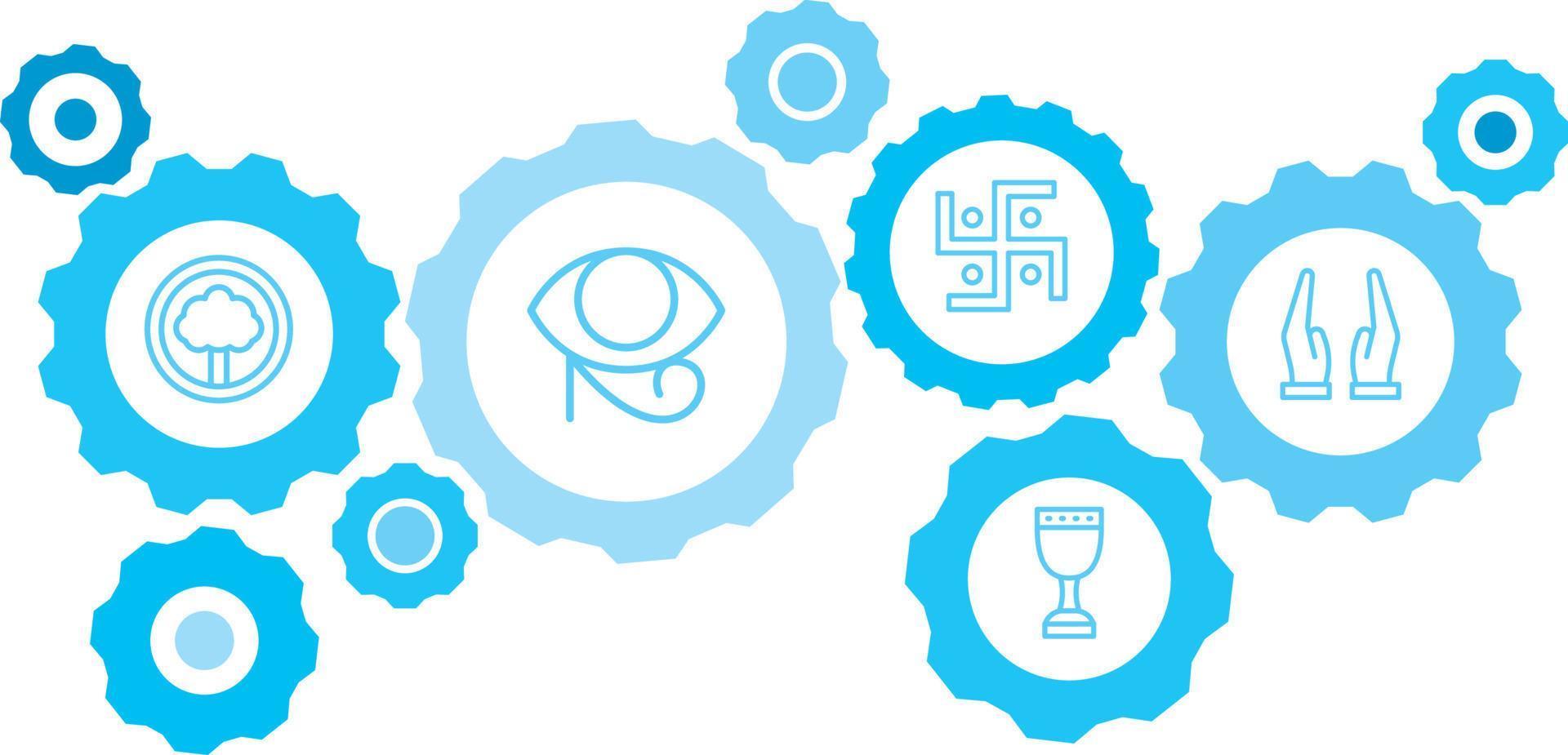 Pray symbol vector icon blue gear set. Abstract background with connected gears and icons for logistic, service, shipping, distribution, transport, market, communicate concepts on white background