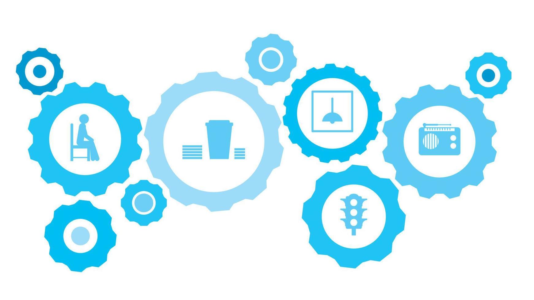 Connected gears and vector icons for logistic, service, shipping, distribution, transport, market, communicate concepts. workers, repair gear blue icon set icon on dark background