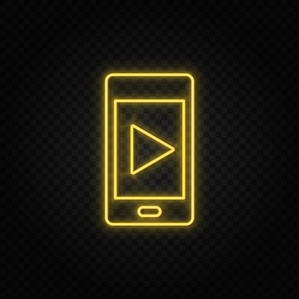 Yellow neon icon phone, play. Transparent background. Yellow neon vector icon on dark background