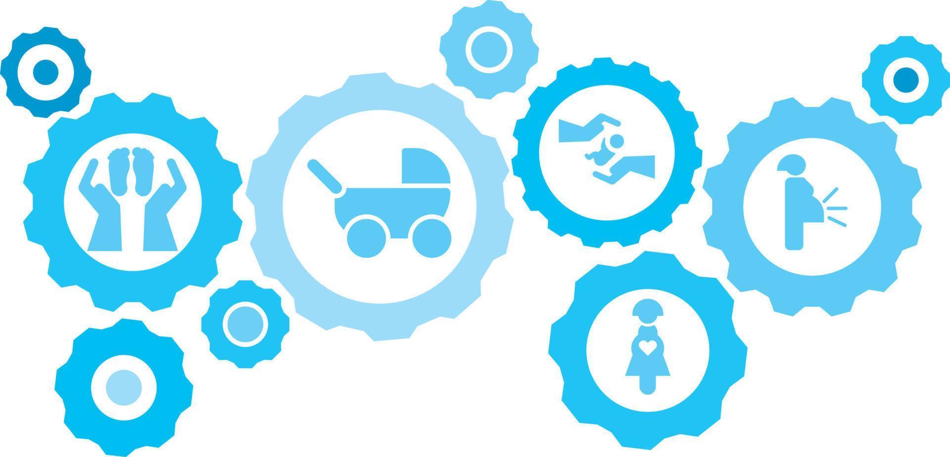 Connected gears and vector icons for logistic, service, shipping, distribution, transport, market, communicate concepts. Pregnant, woman, baby gear blue icon set .