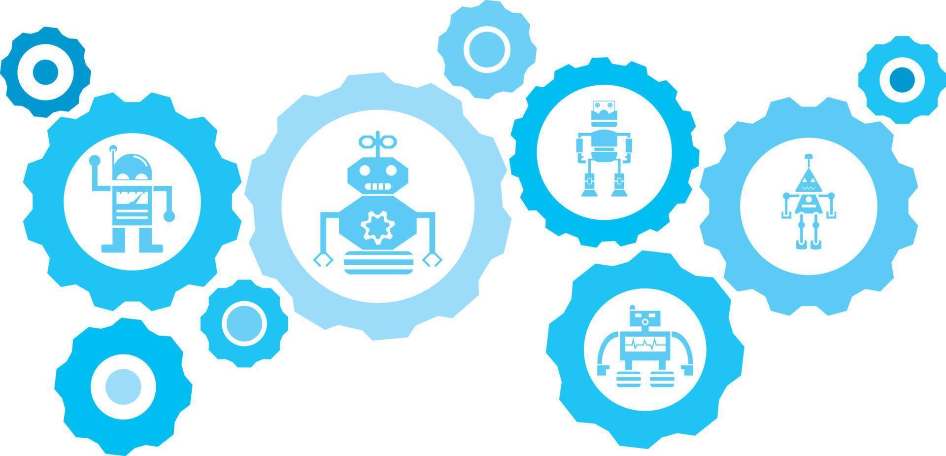 Robot, icon, technology blue gear set. Abstract background with connected gears and icons for logistic, service, shipping, distribution, transport, market, communicate concepts on white background vector
