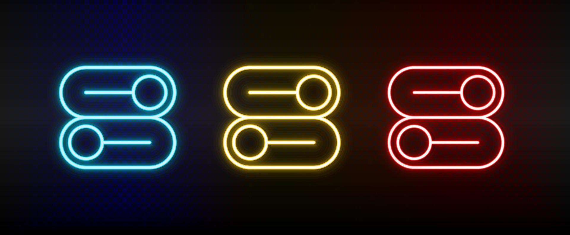 switch, switcher, options neon icon set. Set of red, blue, yellow neon vector icon on dark transparent background