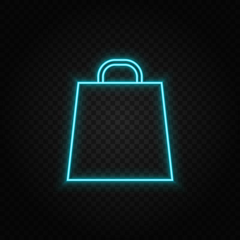 Bag for going shopping. Blue and yellow neon vector icon. Transparent background.