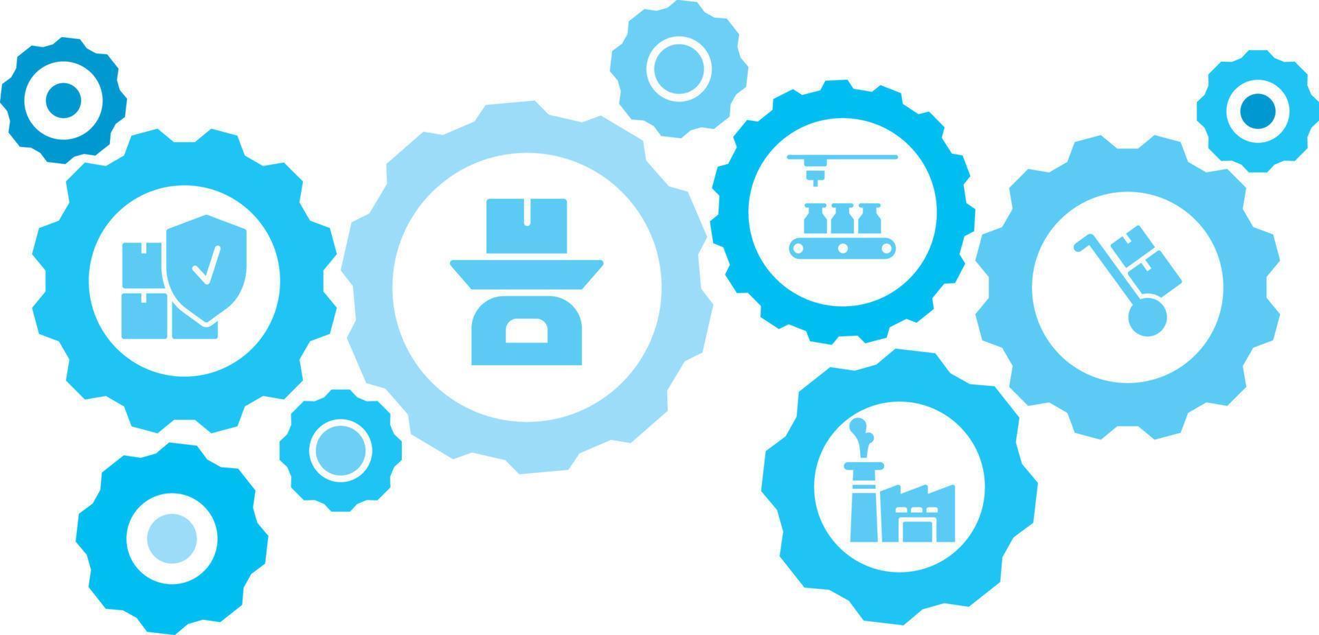 Connected gears and vector icons for logistic, service, shipping, distribution, transport, market, communicate concepts. Mass, production, trolley gear blue icon set on white background