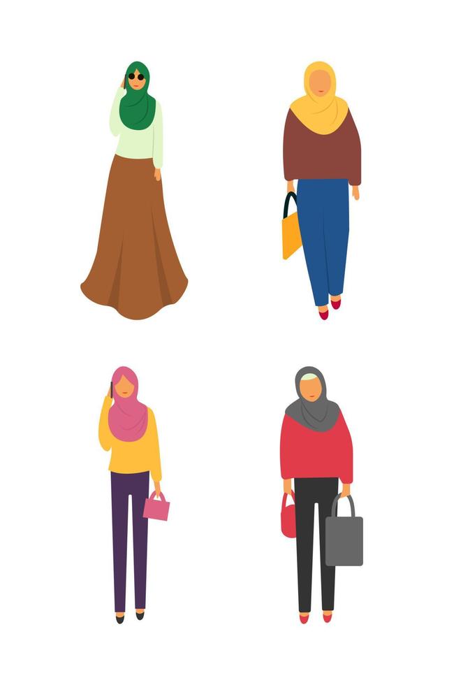 Muslim women set. Cute cartoon Arab girls in traditional dress. Businesswoman collection. vector