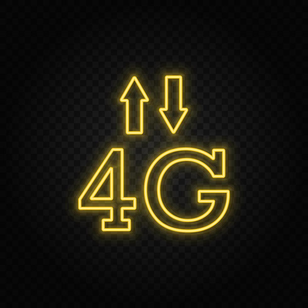 Yellow neon icon 4g, signal, arrows. Transparent background. Yellow neon vector icon on dark background