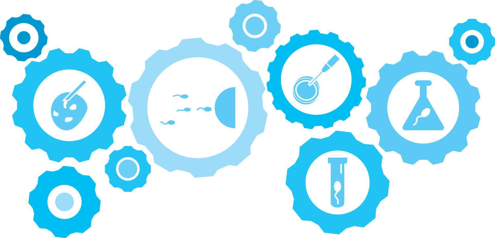 Connected gears and vector icons for logistic, service, shipping, distribution, transport, market, communicate concepts. Artificial insemination, sperm gear blue icon set .