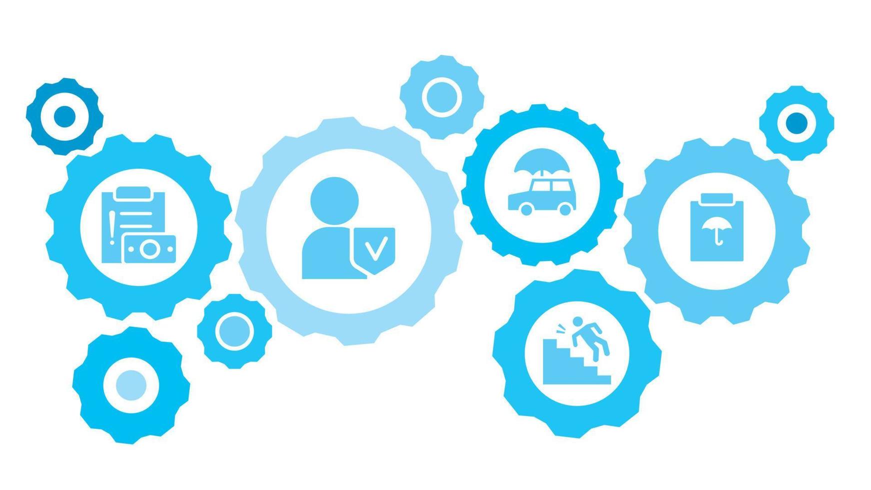 Connected gears and icons for logistic, service, shipping, distribution, transport, market, communicate concepts. Guarantee, insurance, policy gear blue icon set on white background vector