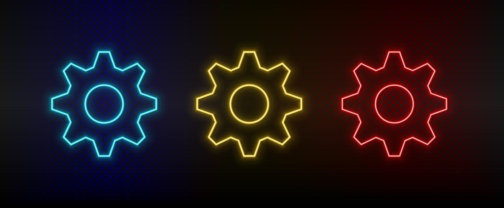 Neon icon set settings. Set of red, blue, yellow neon vector icon on dark transparent background
