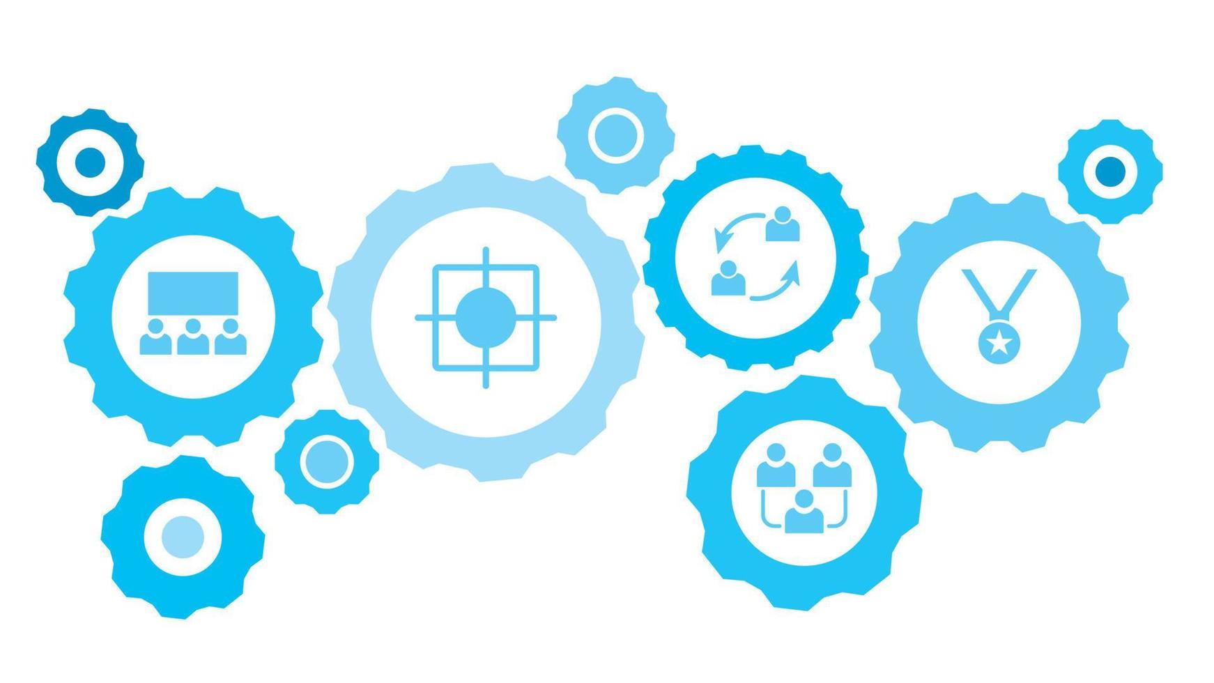 Connected gears and vector icons for logistic, service, shipping, distribution, transport, market, communicate concepts. reward, medal, award gear blue icon set on white background