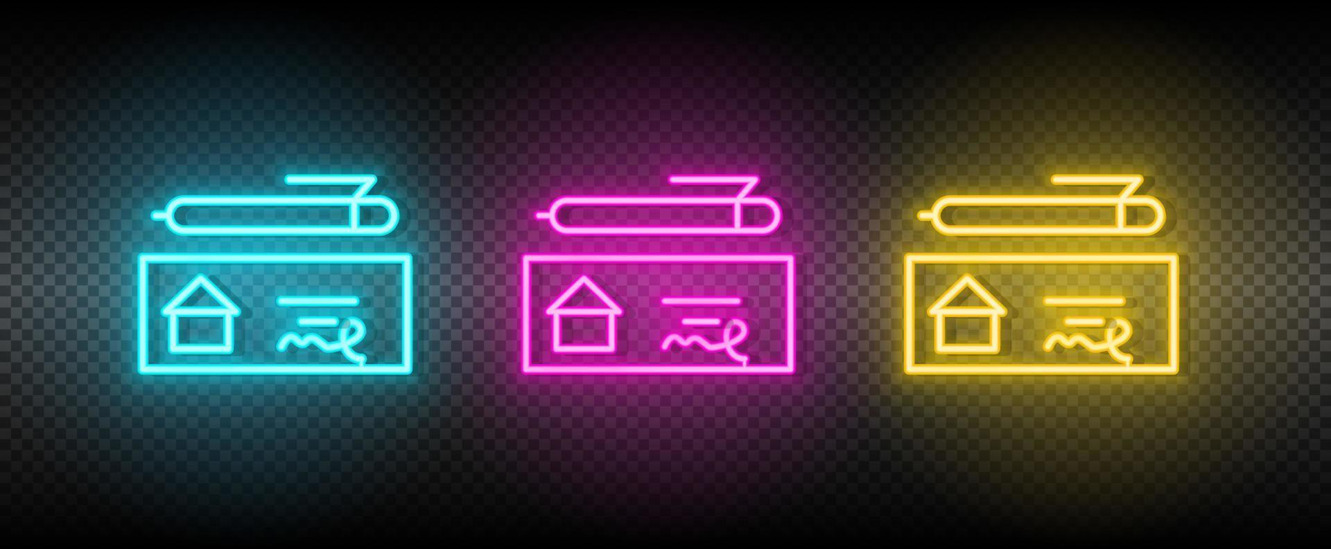 Real estate vector check, checkout, pen, house. Illustration neon blue, yellow, red icon set