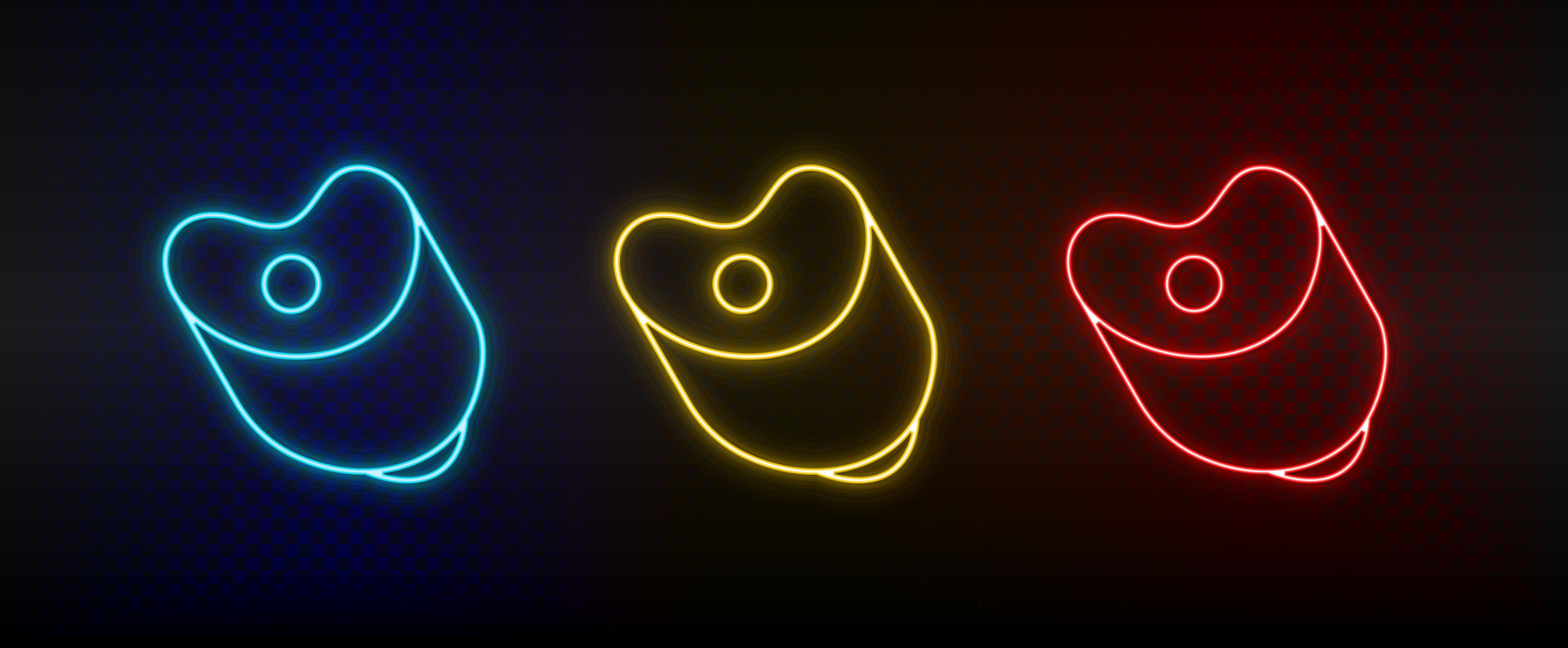 Neon icon set chicken, chicken piece. Set of red, blue, yellow neon