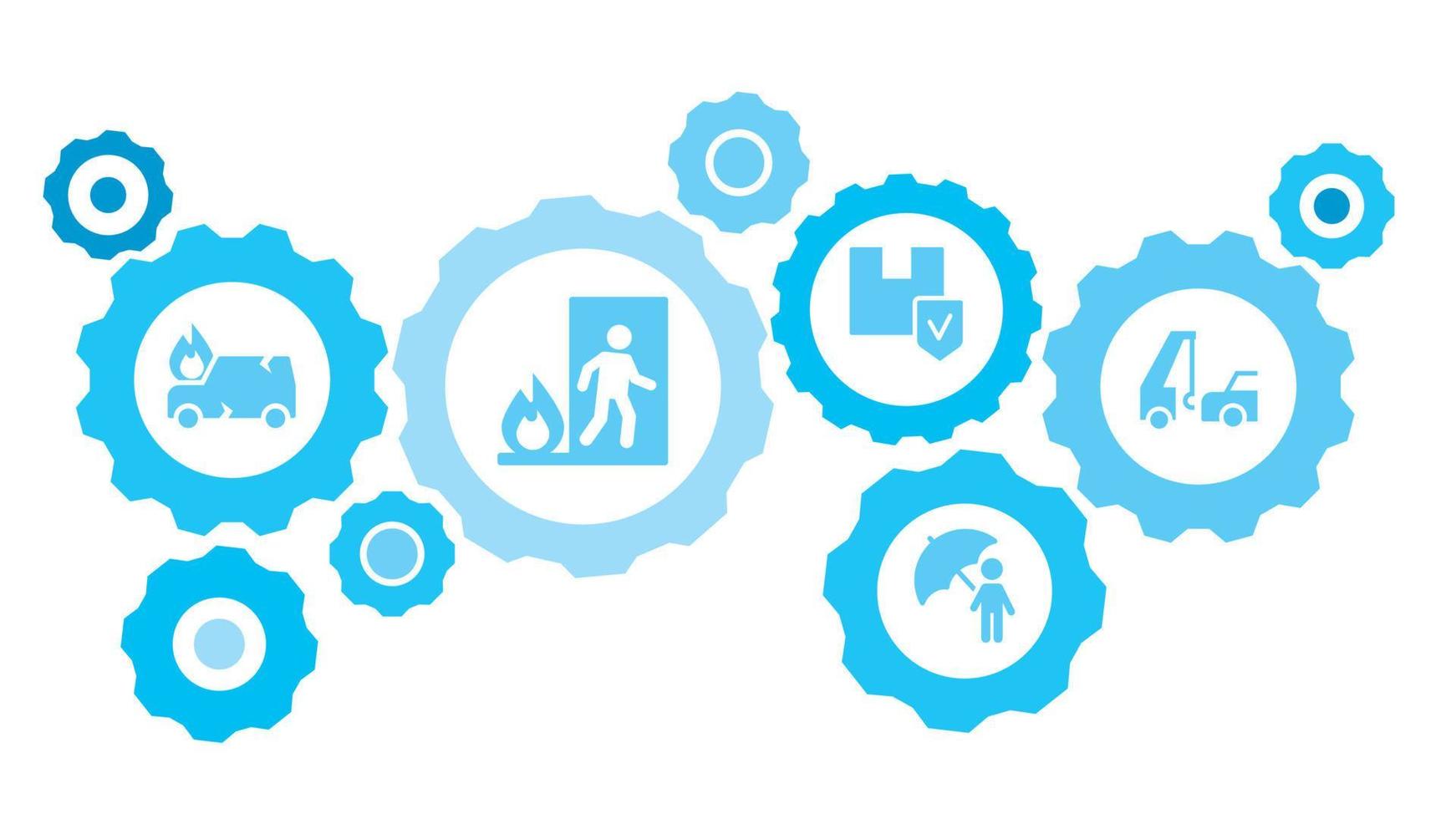 Connected gears and icons for logistic, service, shipping, distribution, transport, market, communicate concepts. Car, evacuation, insurance, towing gear blue icon set on white background vector