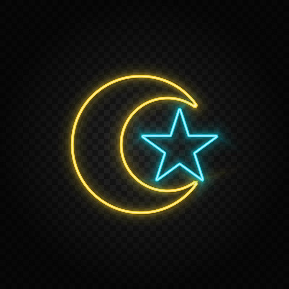 Moon and star. Blue and yellow neon vector icon. Transparent background.