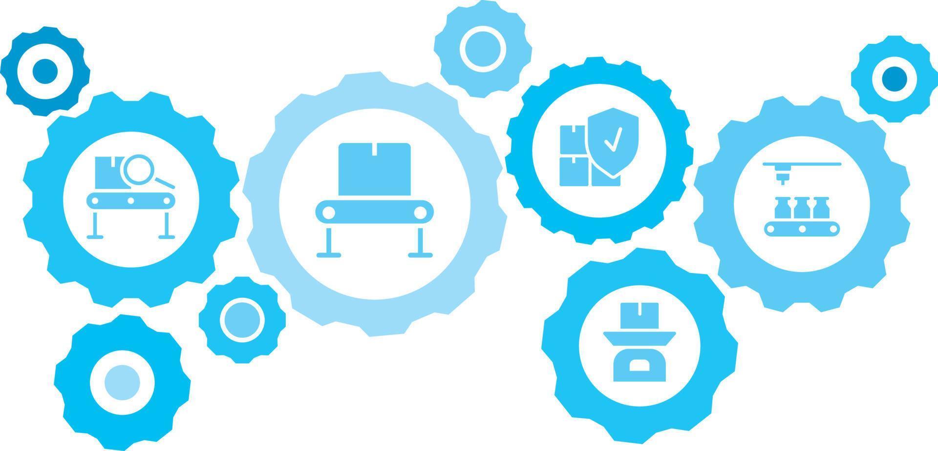 Connected gears and vector icons for logistic, service, shipping, distribution, transport, market, communicate concepts. Mass, production, conveyor gear blue icon set on white background