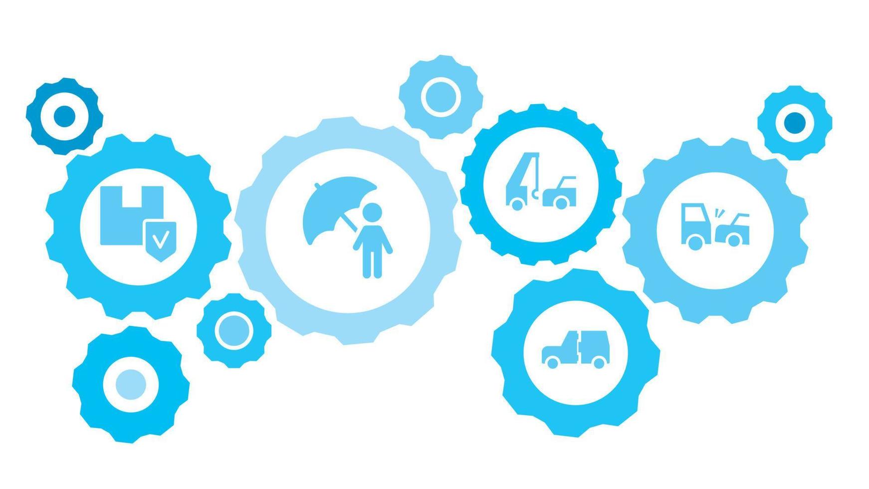 Connected gears and icons for logistic, service, shipping, distribution, transport, market, communicate concepts. Accident, car, collision, insurance gear blue icon set on white background vector