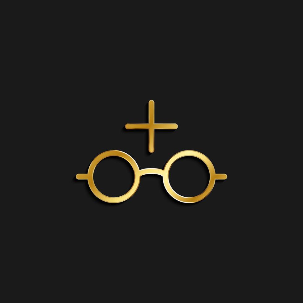 glasses, mark, read gold icon. Vector illustration of golden icon on dark background