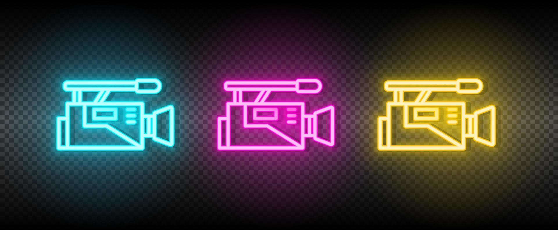 Cinematography, film, record neon icon set. Media marketing vector illustration neon blue, yellow, red icon set