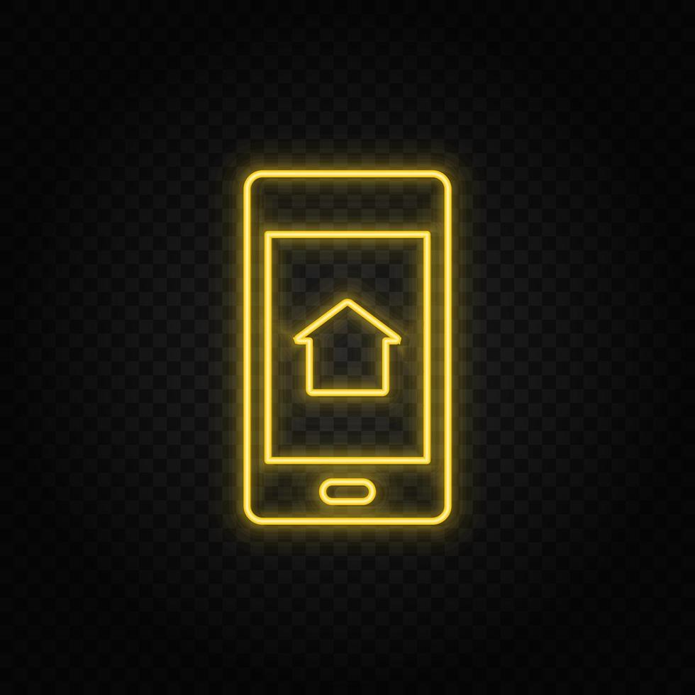 Yellow neon icon phone, home. Transparent background. Yellow neon vector icon on dark background