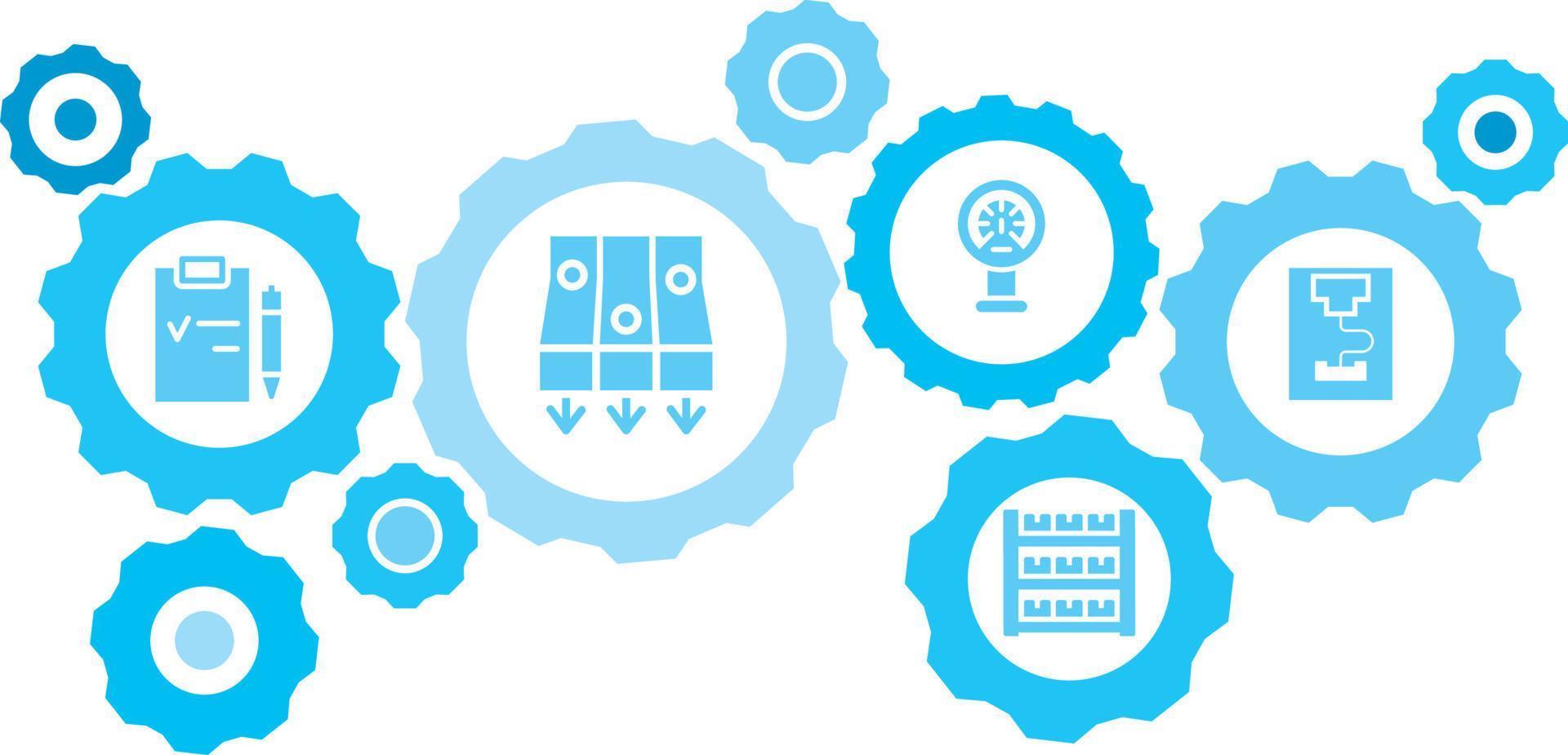 Connected gears and vector icons for logistic, service, shipping, distribution, transport, market, communicate concepts. Mass, production, 3d printer gear blue icon set on white background