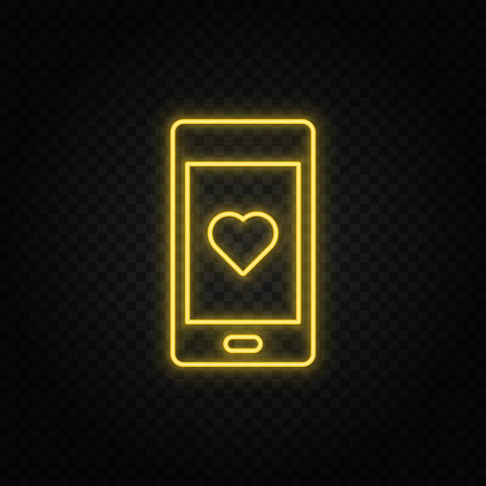 Yellow neon icon phone, love. Transparent background. Yellow neon vector icon on dark background