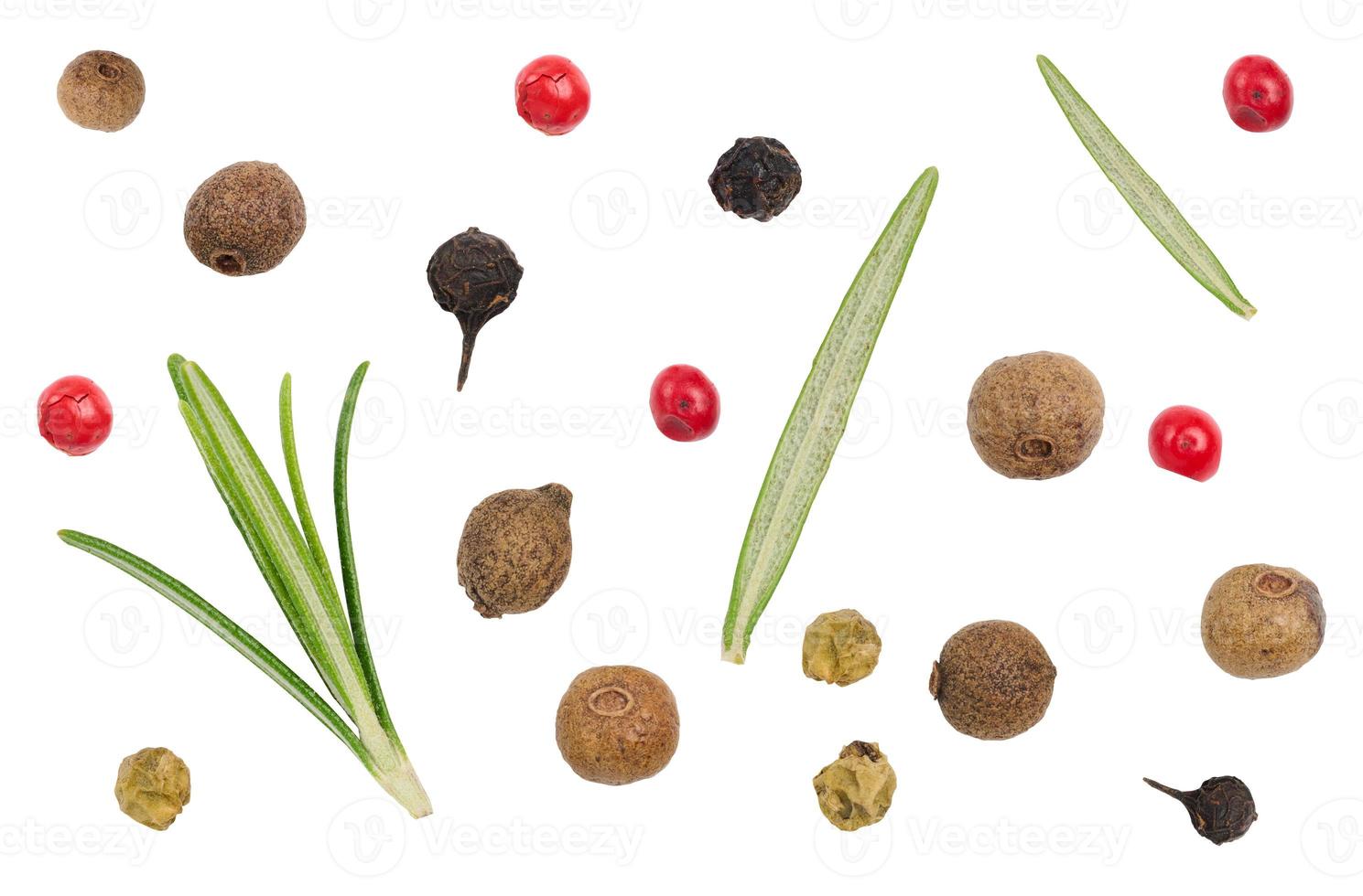 Rosemary branches tied with rope, aromatic pepper, black and red pepper on a white isolated background, culinary spices photo