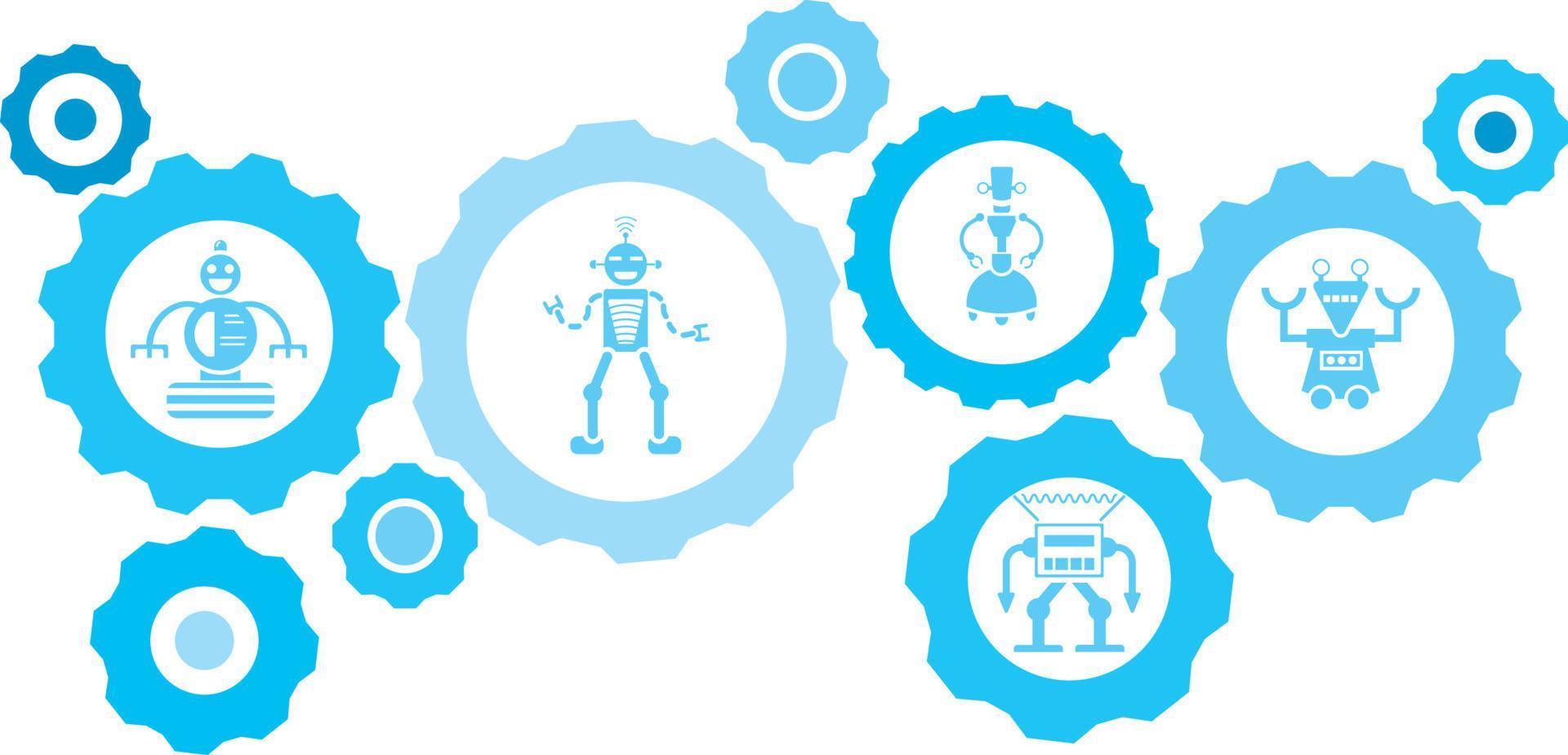 Robot, icon, technology, industry, factory blue gear set. Abstract background with connected gears and icons for logistic, service, shipping, distribution, transport, market, communicate concepts vector