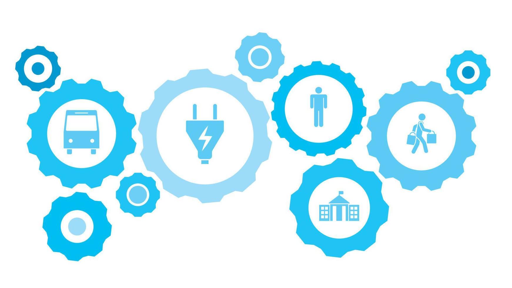 Shopping, man gear blue icon set. Abstract background with connected gears and icons for logistic, service, shipping, distribution, transport, market, communicate concepts vector