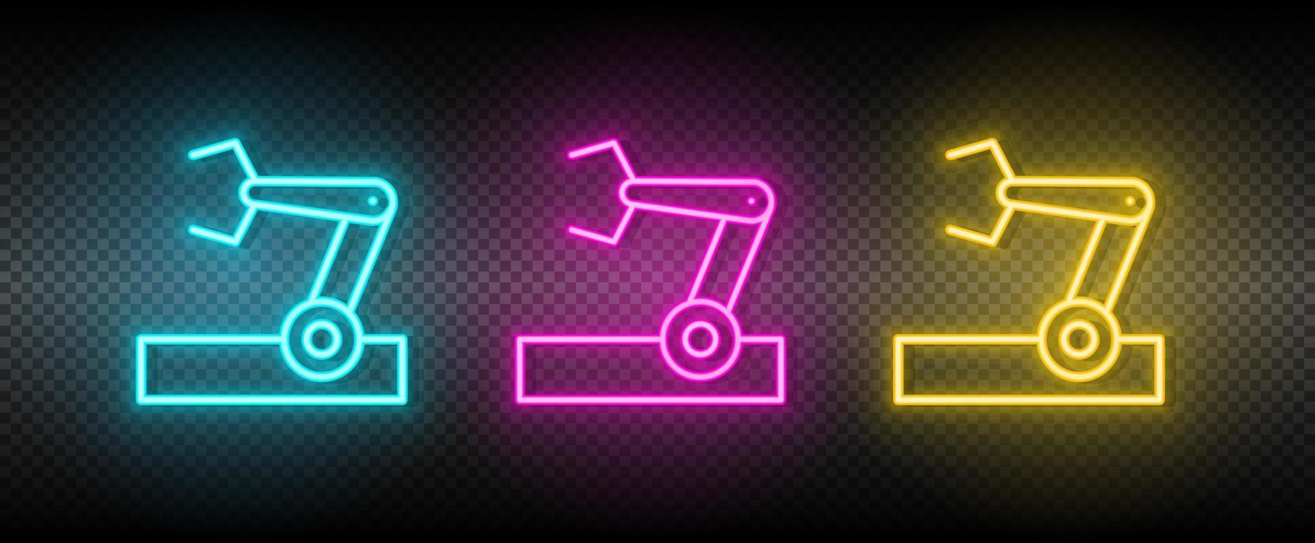industrial robot, industrial robot brazo neón icono colocar. tecnología vector ilustración neón azul, amarillo, rojo icono conjunto