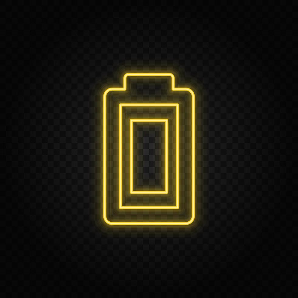 Yellow neon icon battery. Transparent background. Yellow neon vector icon on dark background