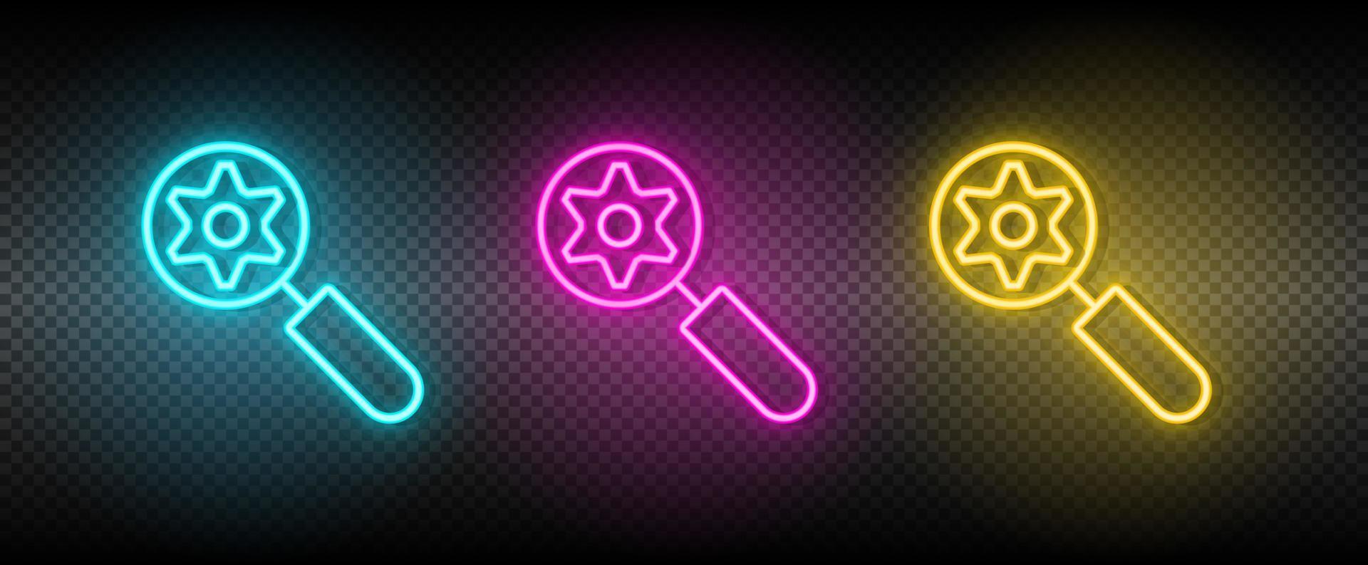 zoom, setting vector icon yellow, pink, blue neon set. Tools vector icon on dark transparency background