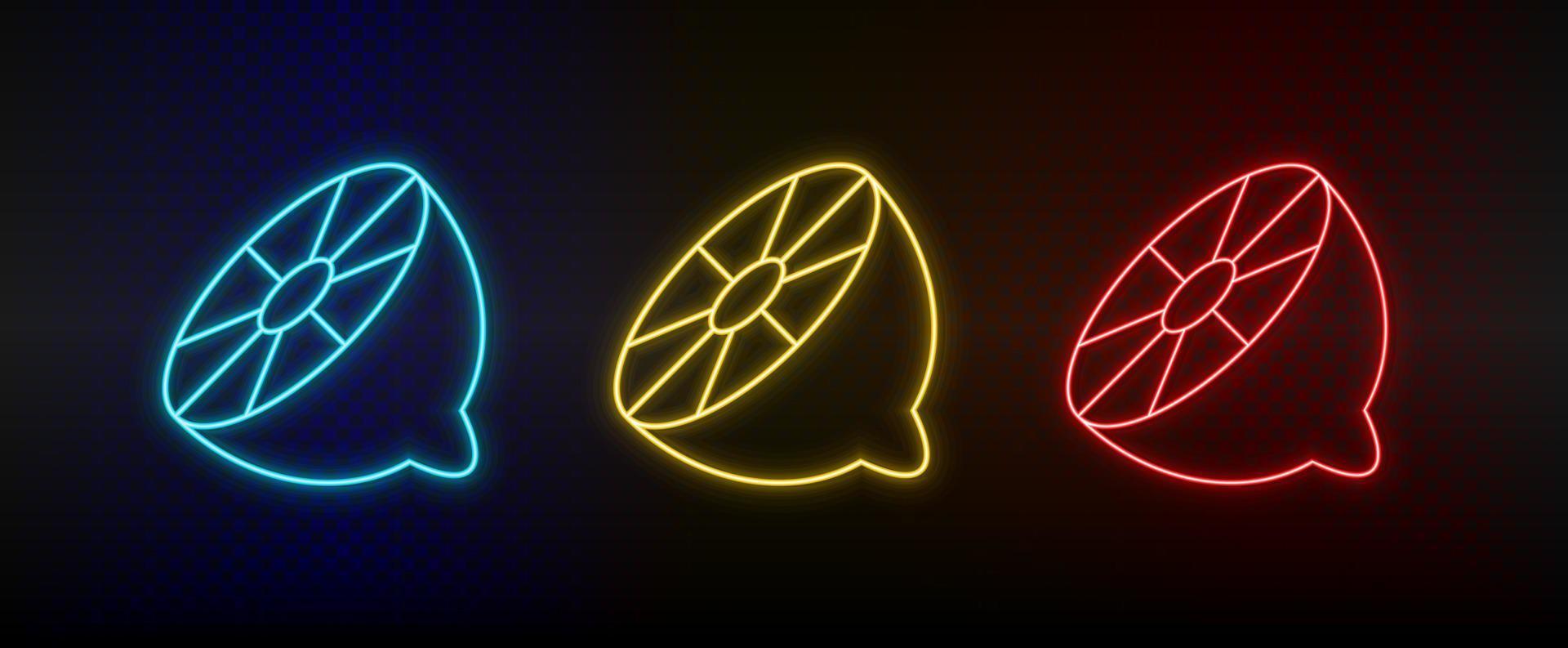 Neon icon set lemon. Set of red, blue, yellow neon vector icon on dark background