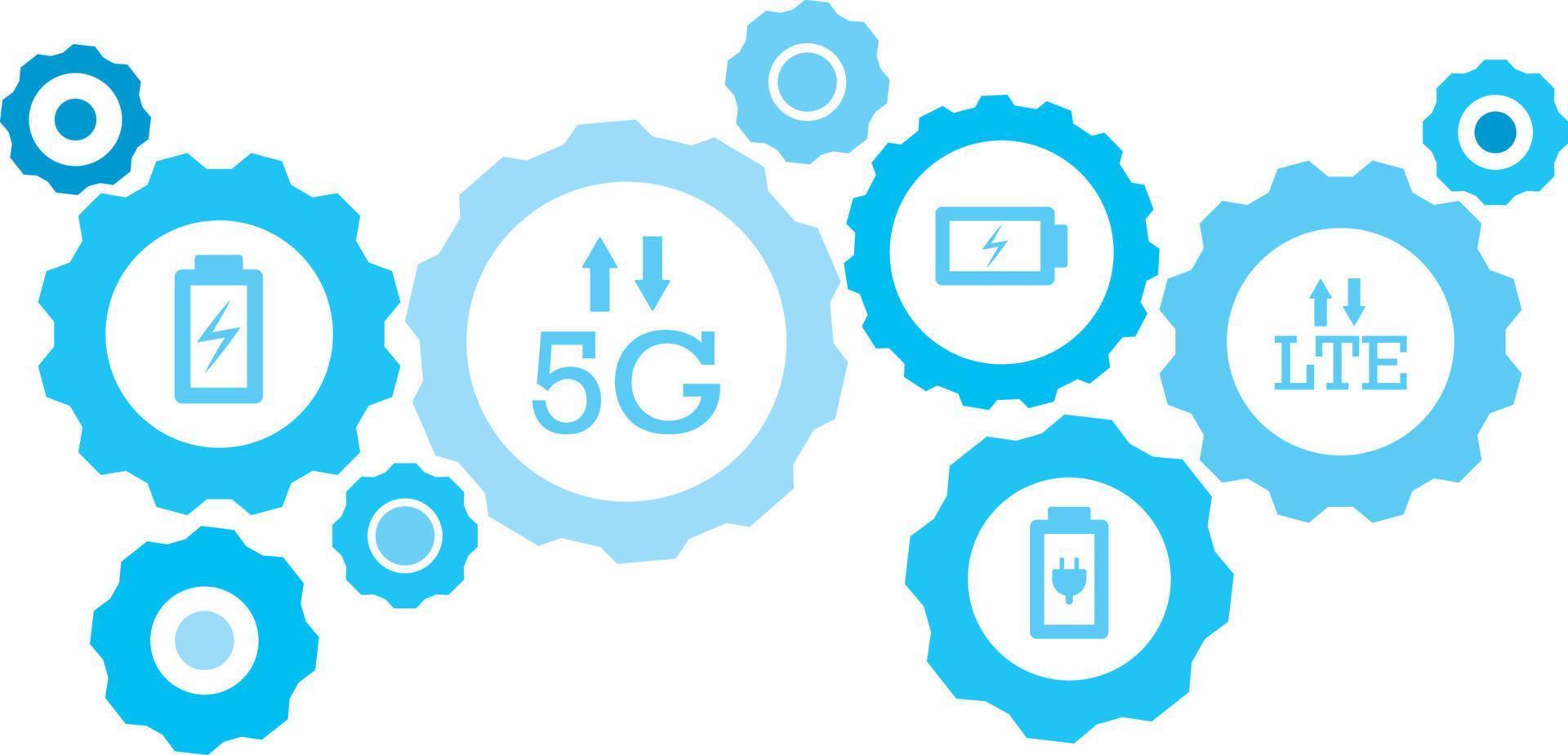 Connected gears and vector icons for logistic, service, shipping, distribution, transport, market, communicate concepts. lte, signal, arrows gear blue icon set on white background