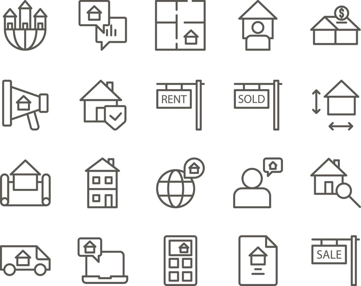 house, property, sale set vector icons. Real estate icon set. Simple Set of Real Estate Related Vector Line Icons. Contains such Icons as Map, Plan, Bedrooms on white background
