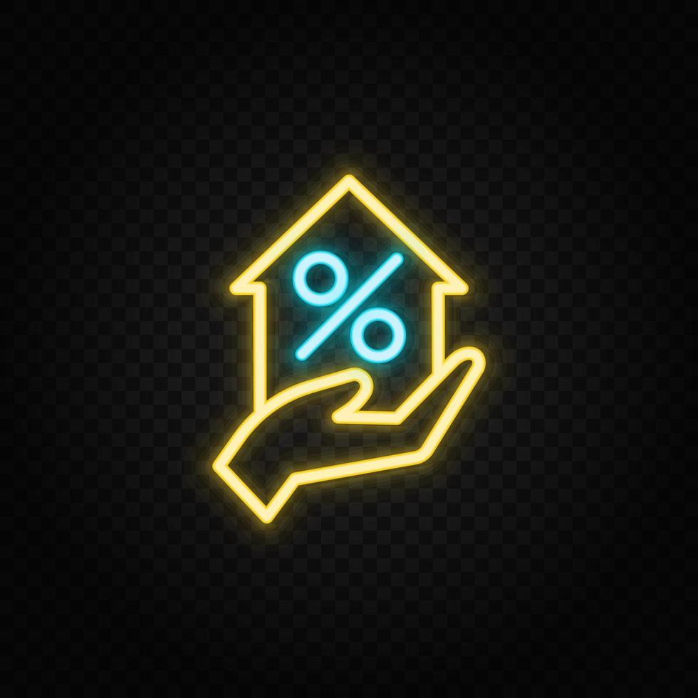 Real estate vector discount, percentage, sale. Illustration neon blue, yellow, red icon set