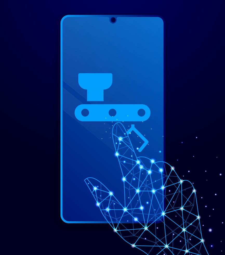Mass production, mechanical arm touch phone. Polygon style touch phone vector illustration