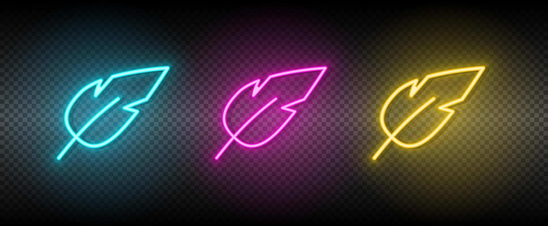 feather vector icon yellow, pink, blue neon set. Tools vector icon on dark transparency background