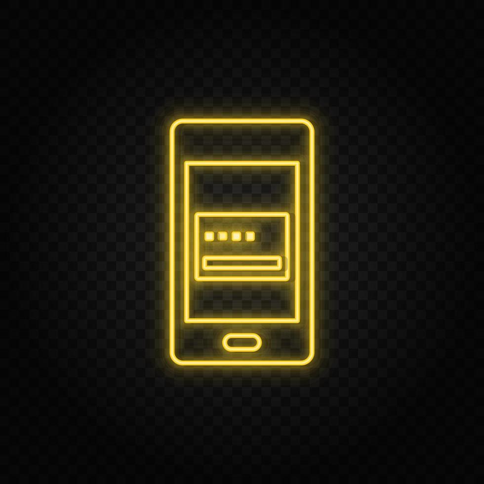 Yellow neon icon phone, credit, card. Transparent background. Yellow neon vector icon on dark background