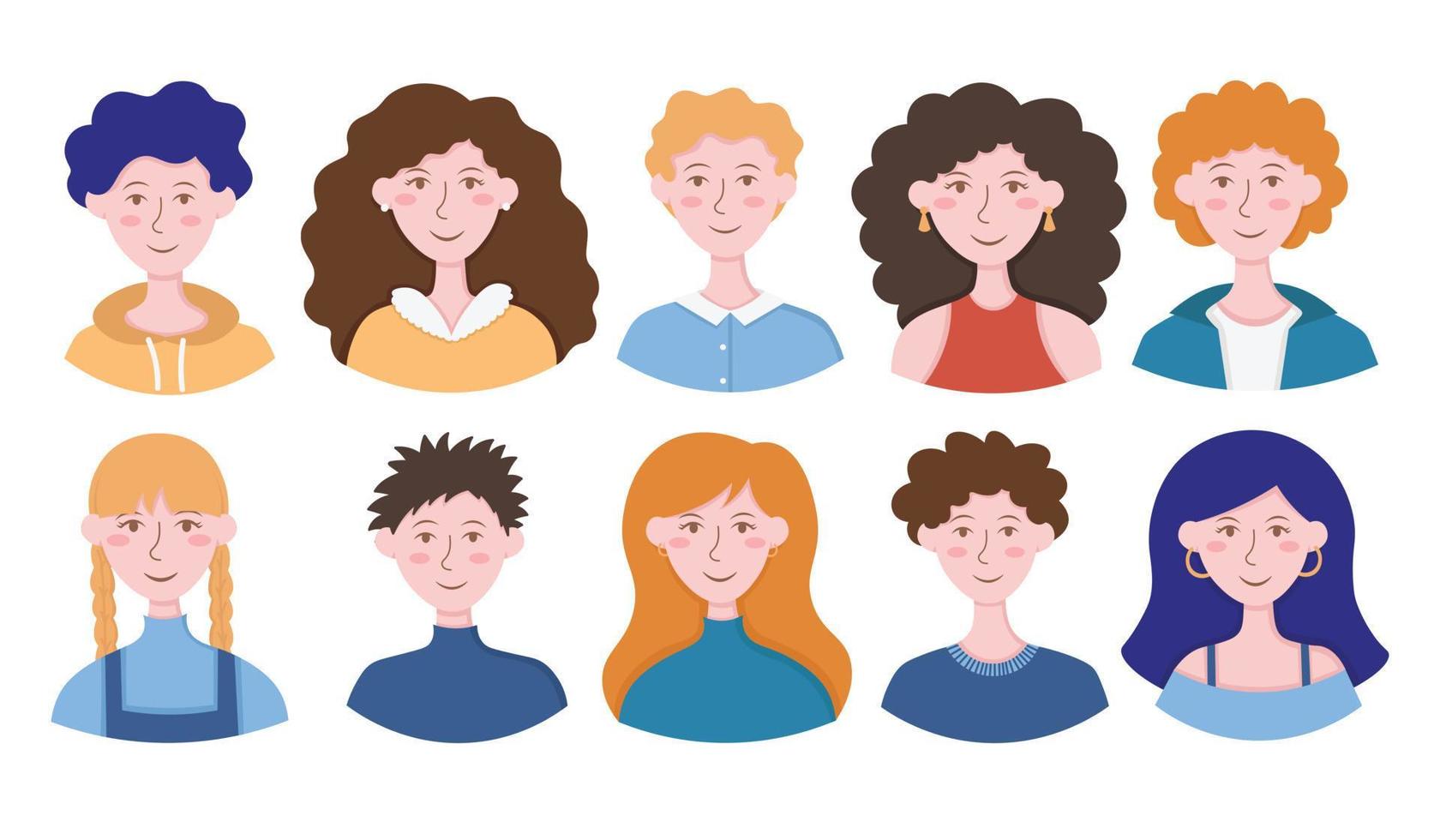 Doodle Flat Clipart. Set of simple portraits of women and men. All Objects Are Repainted. vector