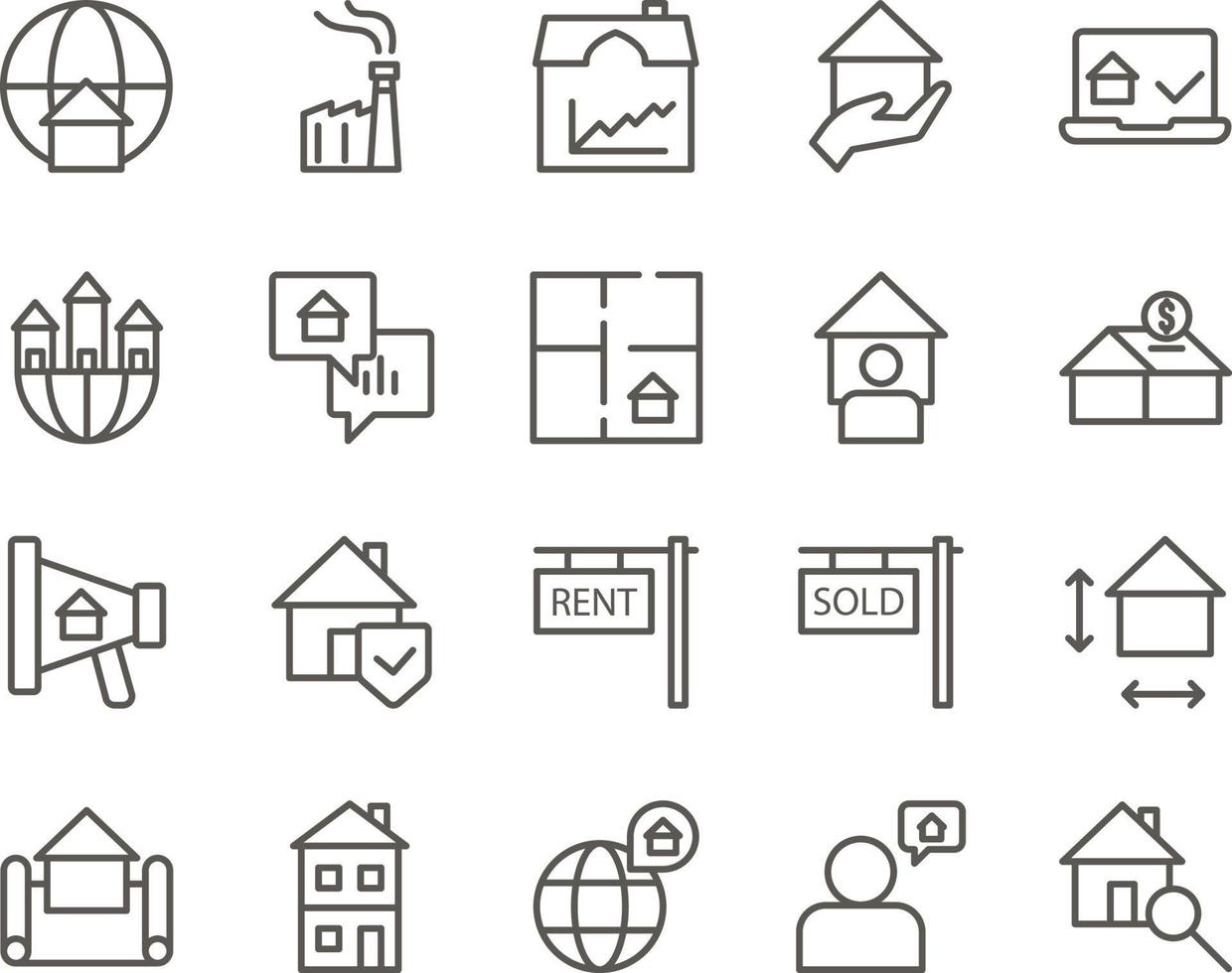 home, search set vector icons. Real estate icon set. Simple Set of Real Estate Related Vector Line Icons. Contains such Icons as Map, Plan, Bedrooms on white background
