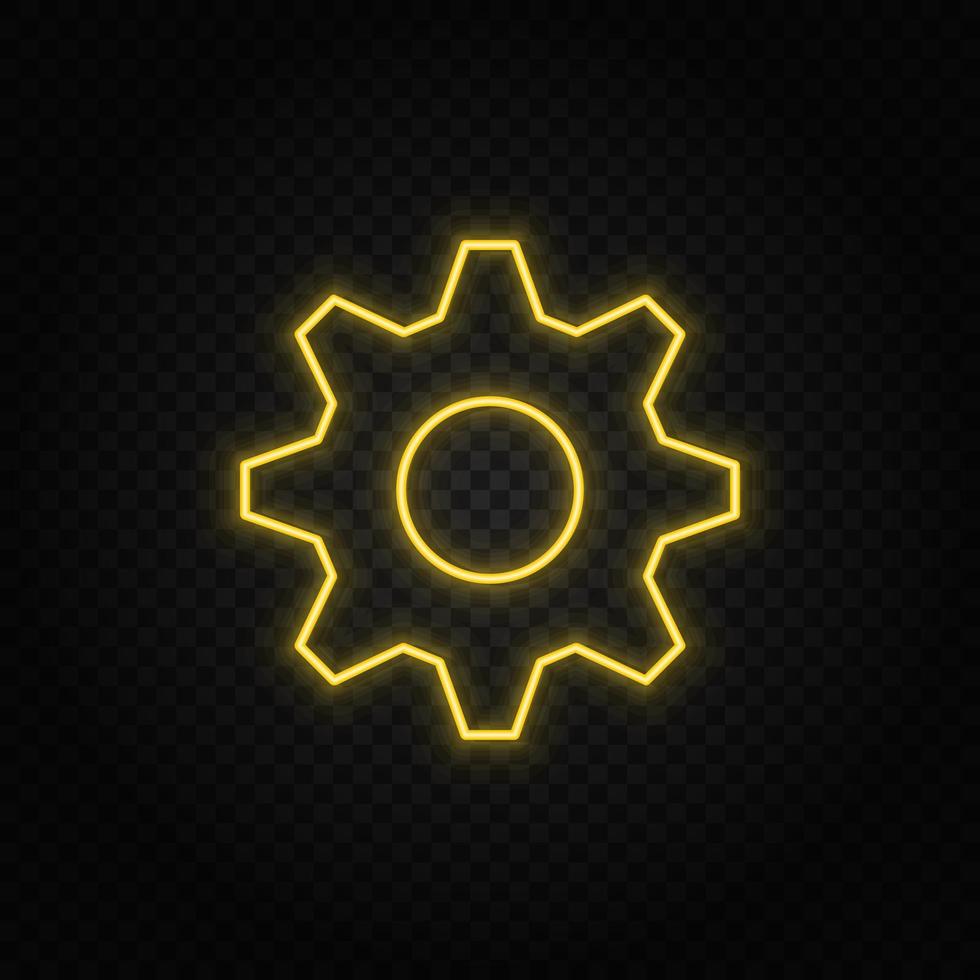 settings yellow neon icon .Transparent background. Yellow neon vector icon on dark background