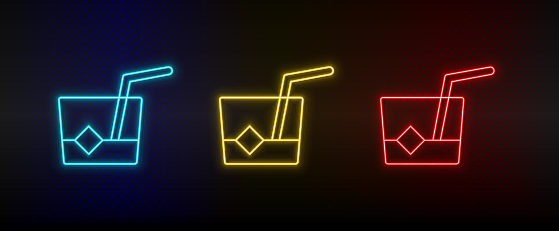 Neon icon set cocktail, drink. Set of red, blue, yellow neon vector icon on dark background